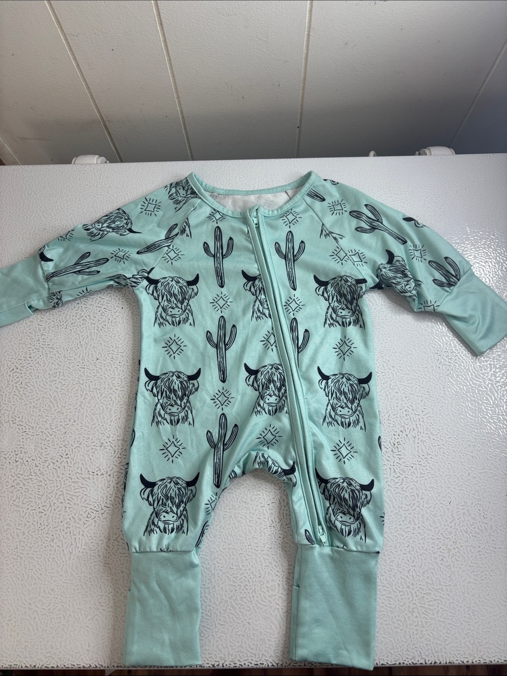 416 - Mint Cactus & Highland Cow Zip-Front Kids One-Piece